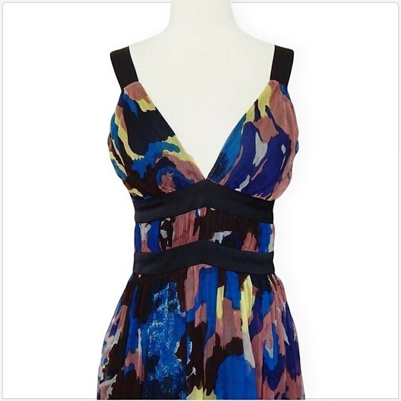 French Connection Colorful Chiffon Empire Waist Satin Trim Cocktail Dress 2 - Picture 2 of 4